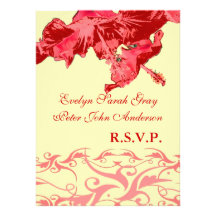 Brocado rojo exótico del hibisco del rsvp del boda anuncio personalizado