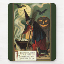 Bruja de Halloween del vintage que revuelve la cal Tapetes De Ratones