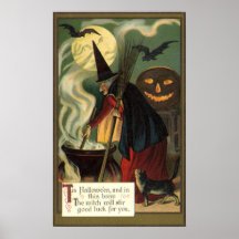 Bruja de Halloween del vintage que revuelve la cal Impresiones