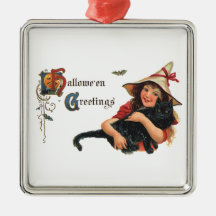 Bruja de Halloween del vintage que sostiene un gat Ornamentos Para Reyes Magos