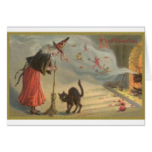 Bruja de Wintage Halloween, gato Tarjetas