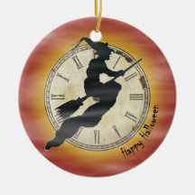 Bruja retra de Halloween en una escoba Ornamentos Para Reyes Magos