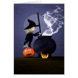 Bruja y caldera de Halloween Tarjetón