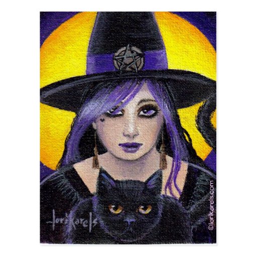 Bruja y gato jovenes tarjeta postal