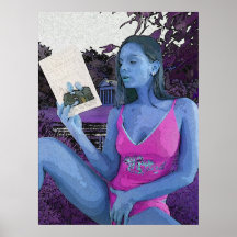 Brunette azul que lee un buen libro poster