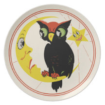 Búho de Halloween del vintage y placa de la luna Plato