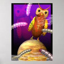 Búho de madera que se coloca en la luna poster
