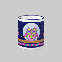 Búhos lindos del flower power y taza de la noche e tazas