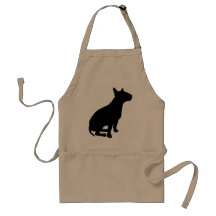 Bull terrier que se sienta delantal