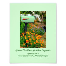 Buzón verde, amapolas de oro fotografia