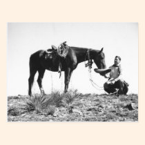Caballo que come de un sombrero de vaquero tarjetas postales