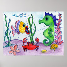 Caballo y pescados de mar poster