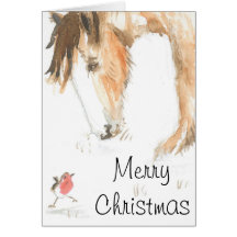 Caballo y petirrojo el mañana de navidad tarjeta