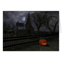 Cabaña de la bruja con la linterna de la calabaza tarjeton