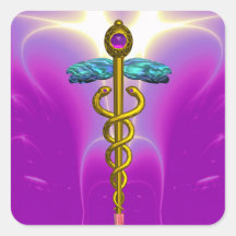 CADUCEO DE ORO, fucsia rosado vibrante Calcomanía Cuadradase