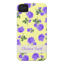 Caja púrpura personalizada de las flores - amarill iPhone 4 Case-Mate fundas