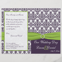 Cal y programa púrpura del boda del damasco tarjetas informativas