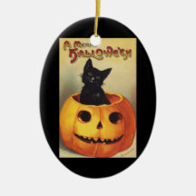 Calabaza linda sonriente del gato negro de Hallowe Ornamento Para Reyes Magos