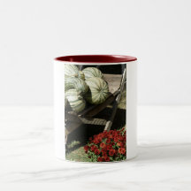 calabaza verde y taza roja de las flores
