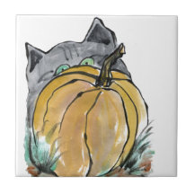 Calabaza y gatito gris, Sumi-e Teja