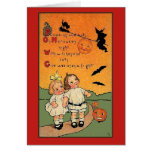 Calabazas, palos, brujas, tarjeta de Halloween de 