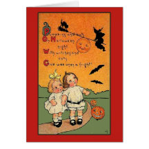 Calabazas, palos, brujas, tarjeta de Halloween de 