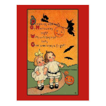 Calabazas, palos, brujas, tarjeta de Halloween de  Postales