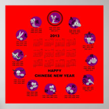 Calendario chino Rd BG de la Feliz Año Nuevo del z Posters