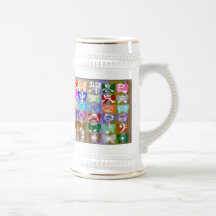 Caras divertidas, caracteres chinos y chispas tazas de café
