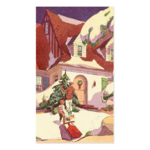 Casa de la nieve del navidad del vintage, luces co plantilla de tarjeta personal