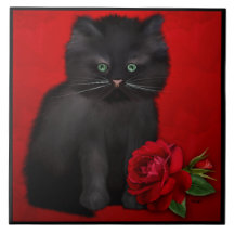 Cat with Red Rose Geboortetegeltje