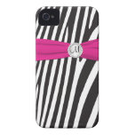 Cebra rosada, negra, blanca con monograma rayada iPhone 4 funda