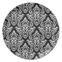 Cena elegante del damasco real (blanco y negro) platos de comidas