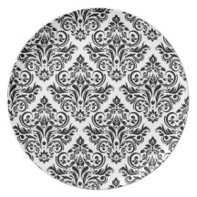 Cena elegante del damasco real (blanco y negro) platos de comidas