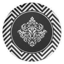 Chevron elegante con el emblema negro real del dam platos para fiestas