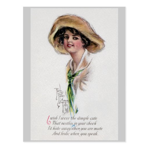 Chica de Gibson en gorra y lazo verde Postal