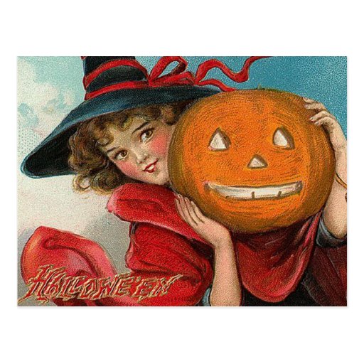 Chica de Halloween del vintage y una calabaza Postales