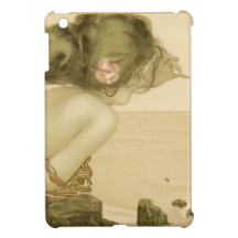 Chica del mar del vintage con el mini caso del iPa