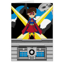 Chica del super héroe en tejado tarjetón