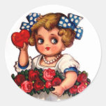 Chica del vintage con el arco, los rosas y el cora pegatinas  