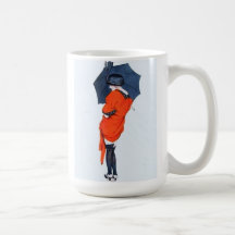 Chica del vintage con el paraguas tazas