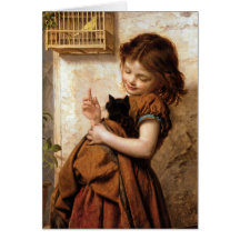 Chica, gato y pájaro - pintura del gatito del vint tarjetón