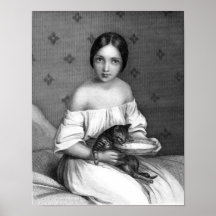 Chica joven con el gatito y el cuenco de leche poster
