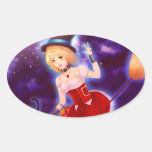 Chica lindo de la bruja del animado con los gatos  calcomania oval personalizadas