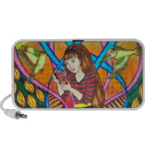 Chica, mariposa, y pájaros en un jardín notebook altavoces