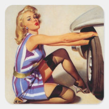 Chica modelo retro del mecánico de coche de Gil El Calcomanía Cuadradas