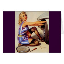 Chica modelo retro del mecánico de coche de Gil El Felicitación