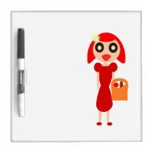 Chica principal rojo con la cesta pizarras blancas