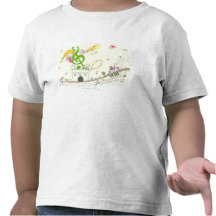 Chica que juega con las notas musicales sobre casa camiseta