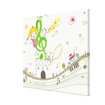 Chica que juega con las notas musicales sobre casa lona envuelta para galerias